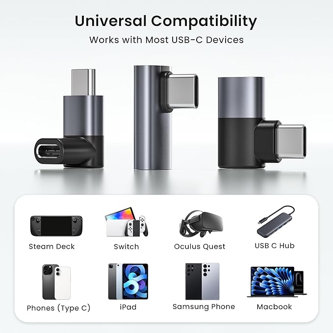 RUXELY USB C 90 Degree Adapter 3Pack,PD 100W 40Gbps Right Angle Extender,Type C Male to Female Connector,Thunderbolt 4 3 Extension Converter for iPhone 17e,MacBook Pro,Steam Deck,Switch,Laptop