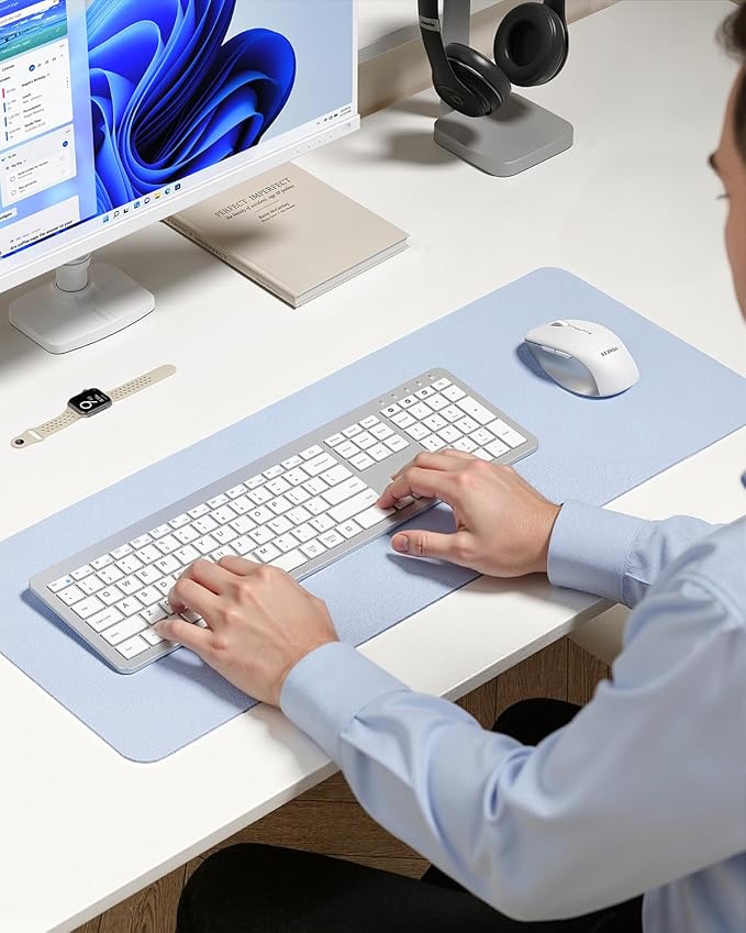 seenda Bluetooth Keyboard and Mouse, COE300 Wireless Keyboard Mouse Combo, 3 Multi-Device Connection Full Size Ultra-Slim Keyboard with Number Pad for Windows/Mac,White & Silver