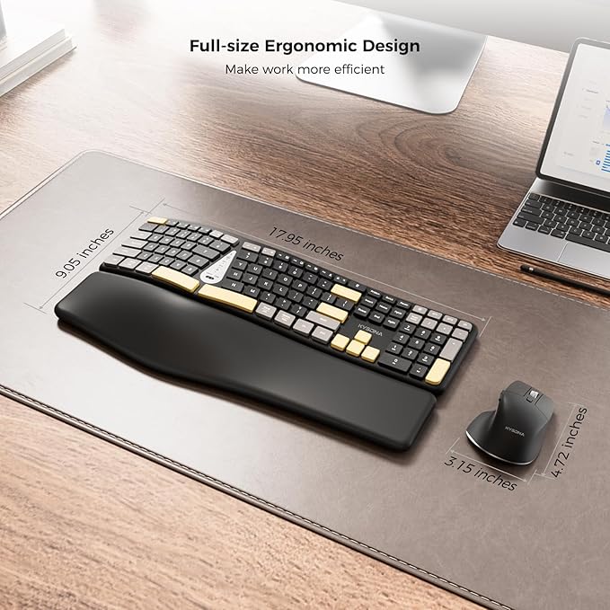 KYSONA Ergonomic Keyboard Mouse Wireless Combo, Full Size Bluetooth Split Keyboard with Wrist Rest, 4 Level DPI Ergo Mouse for Windows Mac OS Computer, Colorful Black