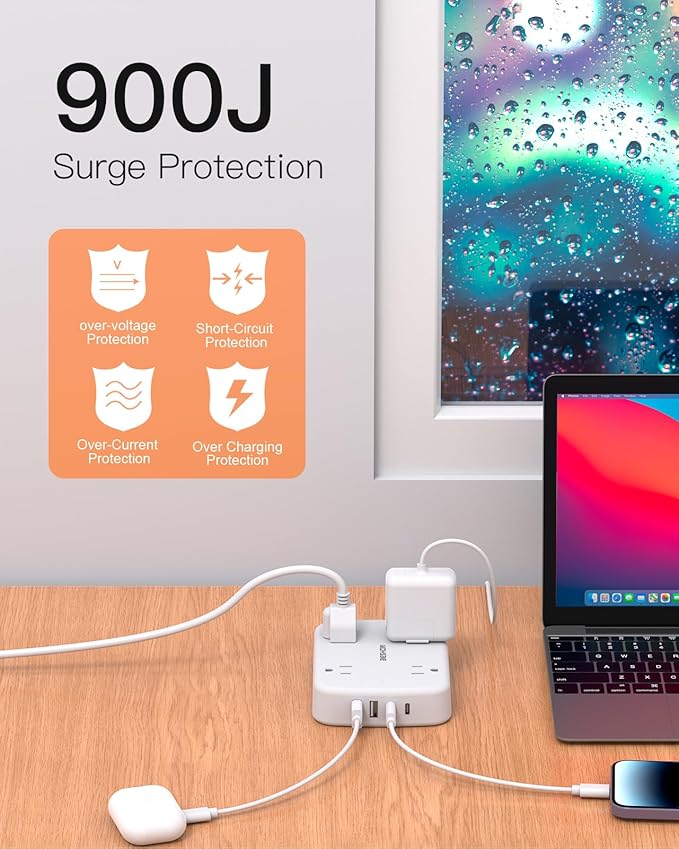 10FT Surge Protector Power Strip, Flat Extension Cord with 2 USB C, Flat Plug Power Strip, 4 Widely Outlets and 4 USB Charging Ports, Outlet Extender, 900 Joules, for Home Office Dorm Room Essentials