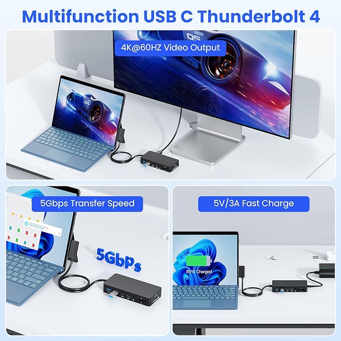 New Surface Dock Triple Displays 4K HDMI+DP+Thunderbolt 4, 12 in 1 Surface Pro Docking Station with 120W Power Adapter for Surface Pro 11/10/9/8/X/7/6/5/4/3, Surface Laptop, Surface Book Go