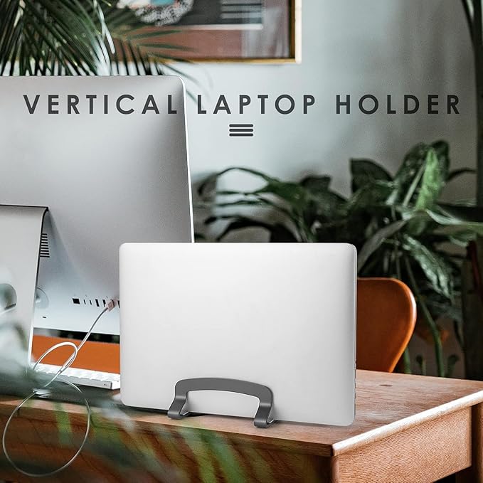 Aluminum Vertical Laptop Stand, MacBook Pro Laptop Vertical Stand Dock Holder with Adjustable Slot Fits All Laptops Notebook Tablets MacBook Air- Save Space & Improve Airflow, Silver