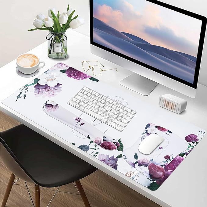 MEGREZ 4-in-1 Ergonomic Memory Foam Wrist Rest Set, Desk Pad, Mouse Pad with Wrist Rest, Keyboard Pad, Suitable for Office Workers, Programmers & Gamers–Relieve Typing & Gaming Fatigue, White