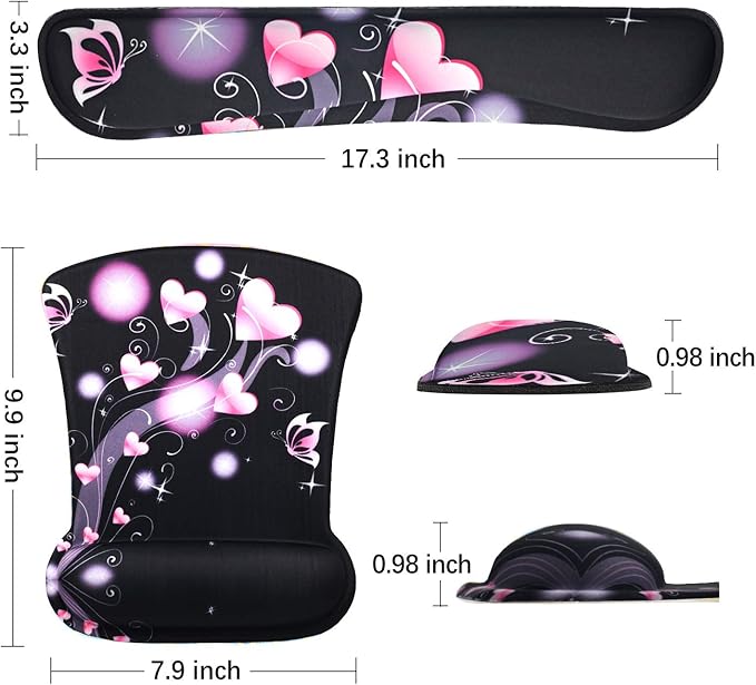 ToLuLu Keyboard Wrist Rest Pad Ergonomic Mouse Pad Set, Cute Mouse Pad for Computer Laptop, Non Slip Mousepad Keyboard Wrist Support with Raised Memory Foam for Easy Typing Pain Relief, Pink Hearts