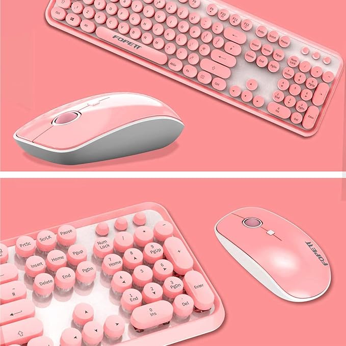 Wireless Keyboard and Mouse | Cute Colorful Keyboard and Mouse with 2.4GHz Cordless Retro Typewriter Keyboard | Auto-Sleep | USB Receiver for Windows PC/Laptop - Pink