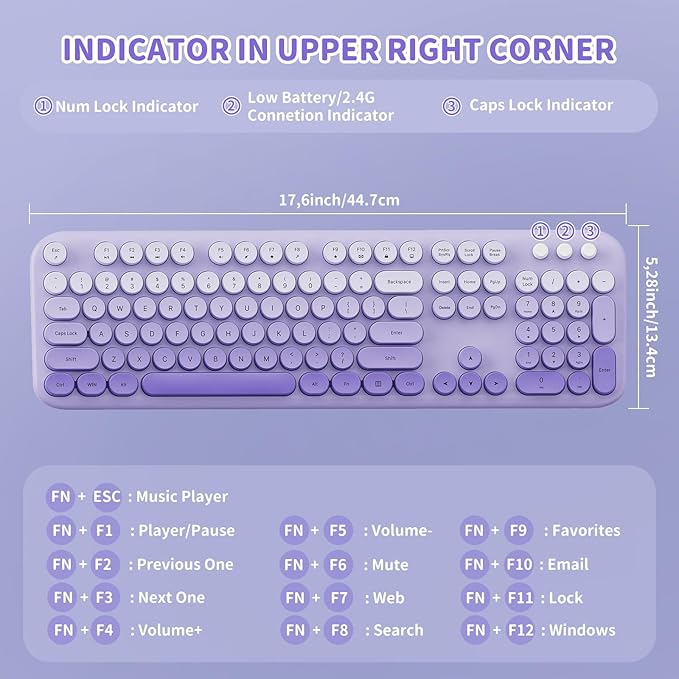 Wireless Keyboard and Mouse Combo, 2.4GHZ Typewriter Retro Full Size Keyboards, Cute Colorful Computer Keyboard and Wireless Mouse for Laptop/Desktop/Windows/PC (Purple Gradient)