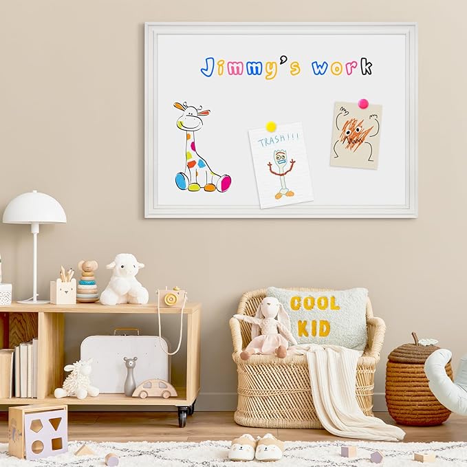 4 THOUGHT Dry Erase Board, 36 x 24 in Magnetic Whiteboard Wood Frame Wall-Mounted White Board Decorative Planner Notice Board for School, Office, Home, 8 Magnets 4 Markers 1 Eraser, White