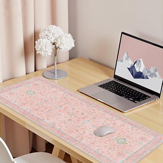 Baziabbo Pink Floral Desk Mat,XXL Extended Big Mouse Pad,Gaming Mousepad with Stitched Edge,Non-Slip Rubber Base Keyboard Desk Pad for Home Office Study Game