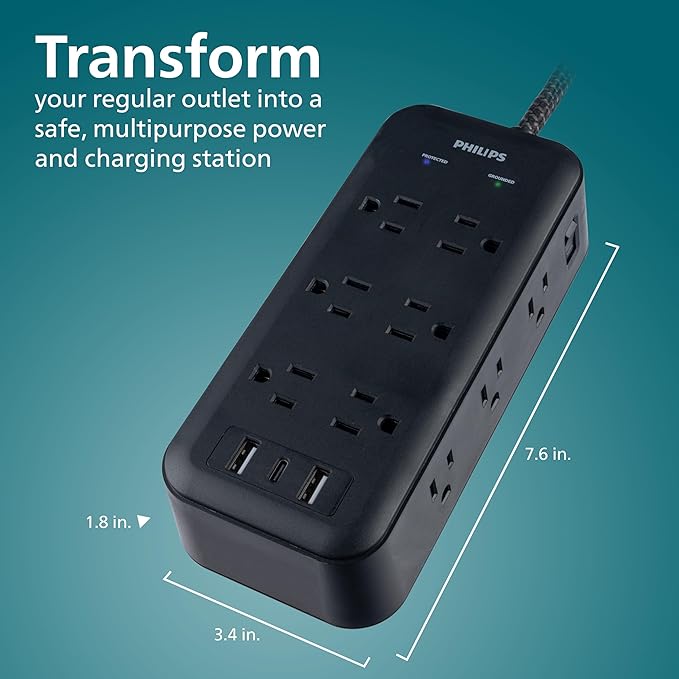 Philips Surge Protector, 12 Outlet, 2 USB-A, 1 USB-C, 17W, 3120J, Braided Cord, 8ft, Black