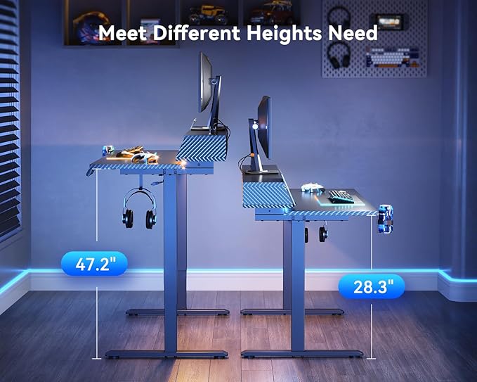 OffiGo Gaming Standing Desk with LED Light, 55 Inch Electric Height Adjustable Table with Power Outlet & Monitor Stand, Sit Stand Computer Workstation for Home, Bedroom, Black