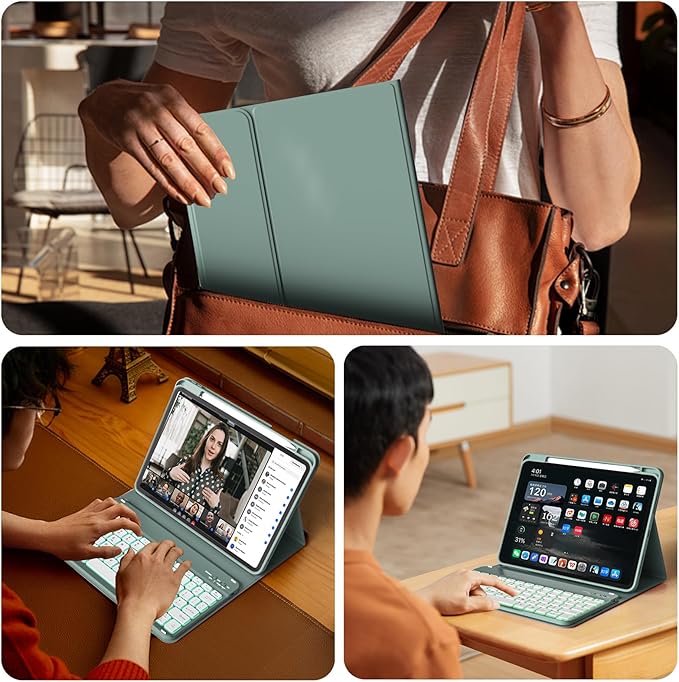 for iPad (A16) 11th Generation 2025 11-inch/10th Generation 2022 10.9 inch with Keyboard, 7 Colors Backlit Square Keycaps, Detachable Wireless Bluetooth Keyboard Case with Pencil Holder,DarkGreen