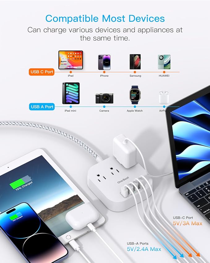 One Beat Power Strip with USB C, 3 Outlets 4 USB Ports (22.5W/4.5A) Desktop Charging Station, Flat Plug, 5ft Braided Extension Cord, Non Surge Protector for Travel, Cruise Ship, ETL Listed (Pack of 2)
