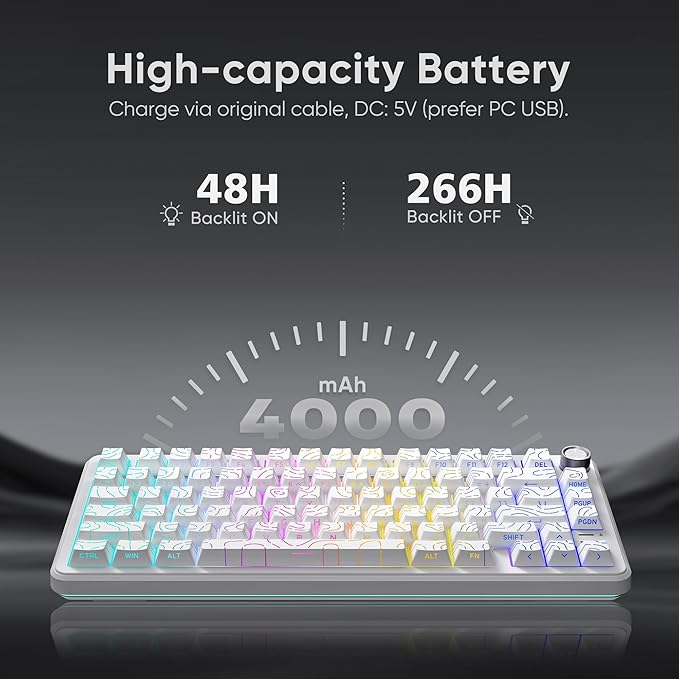 RedThunder K75 Wireless Mechanical Keyboard, CNC Knob, Tri-Mode BT5.0/2.4GHz/USB-C Hot Swappable Custom, Pre-lubed Linear Coconut Switches, Gasket Structure, RGB Gaming Keyboard, White Contour Lines