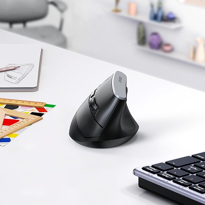 Uineer Vertical Mouse, 2.4GHz Ergonomic Wireless Mouse, 800/1200/1600/2400 Adjustable Dpi, 6 Buttons Battery Powered Mouse for Laptop, PC, Mac, Comfort and Reduced Wrist Strain (Black)