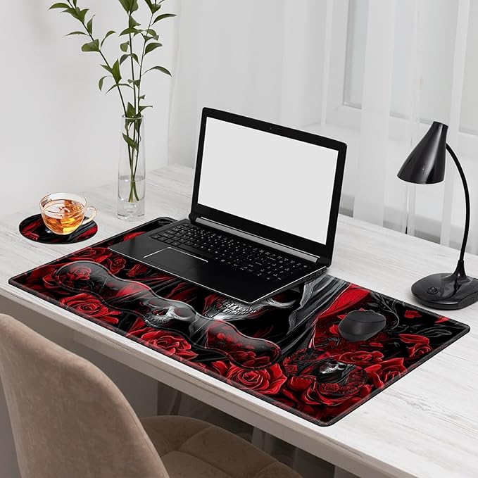 Gaming Mouse Pad Set, Red Rose Skull Large Desk Mat Mousepad, Keyboard Wrist Support, Mouse Wrist Rest, Coaster 4in1 Ergonomic Memory Foam, Non-Slip Stitched Edge for Home Office