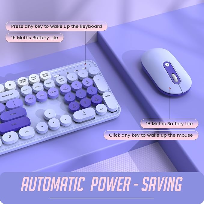 Wireless Keyboard and Mouse, Silent Keyboard Mouse Combo, Full-Sized Colorful Typewriter Keyboard with Round Keycaps, 2.4G Cute Mouse Compatible with PC/Laptop/Computer(Purple)