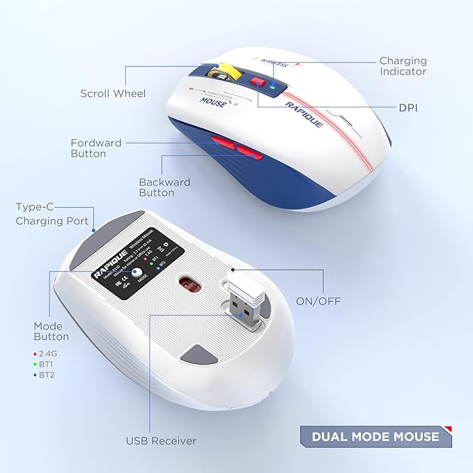 RAPIQUE Bluetooth Wireless Mouse - (BT1/BT2+USB) Tri-Mode High Performance, Rechargeable, Multi-Device Compatible with PC/Laptop/Computer/MacBook/iPad Air Pro (Blue and White)