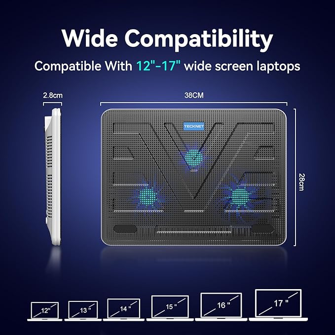 TECKNET Laptop Cooling Pad, Portable Slim Quiet USB Powered Laptop Notebook Cooler Cooling Pad Stand Chill Mat with 3 Blue LED Fans, Fits 12-17 Inches (White)