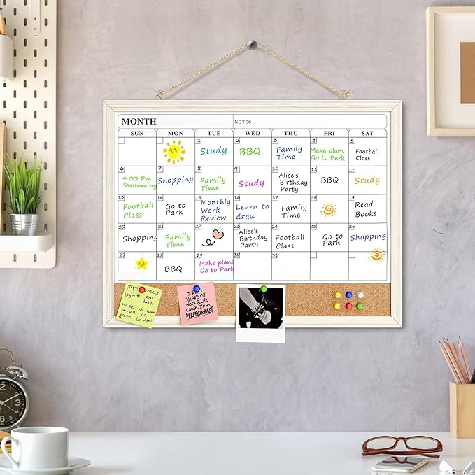 MaxGear Calendar Whiteboard for Wall, 17 x 13 Inch Double Sided Monthly Calendar Whiteboard with Cork Board Strip, Magnetic Dry Erase Board with Wooden Frame for Kitchen and Home Office Planning