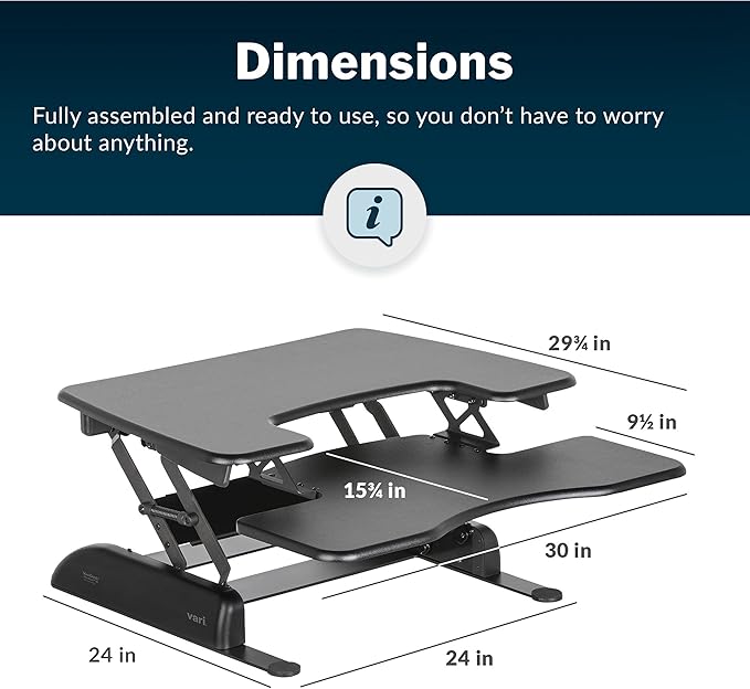 Vari VariDesk Pro Plus 30 Height Adjustable Standing Desk Converter for Home Office - Sit to Stand Desk with 11 Height Settings, Spring-Assisted Lift, and Weighted Base - Fully Assembled, Black