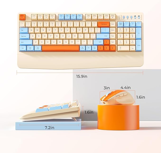 MEETION Cute Wireless Keyboard and Mouse, Colorful Retro Keycap, Bluetooth Ergonomic Rechargeable Keyboard with Detachable Wrist Rest Cover, 4 DPI Swing Mouse, for Computer/Laptop/PC/Windows/Mac Cream