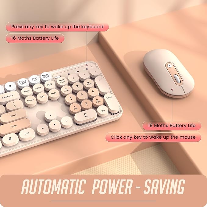 Wireless Keyboard and Mouse, Silent Keyboard Mouse Combo, Full-Sized Colorful Typewriter Keyboard with Round Keycaps, 2.4G Cute Mouse Compatible with PC/Laptop/Computer(Milk Tea)