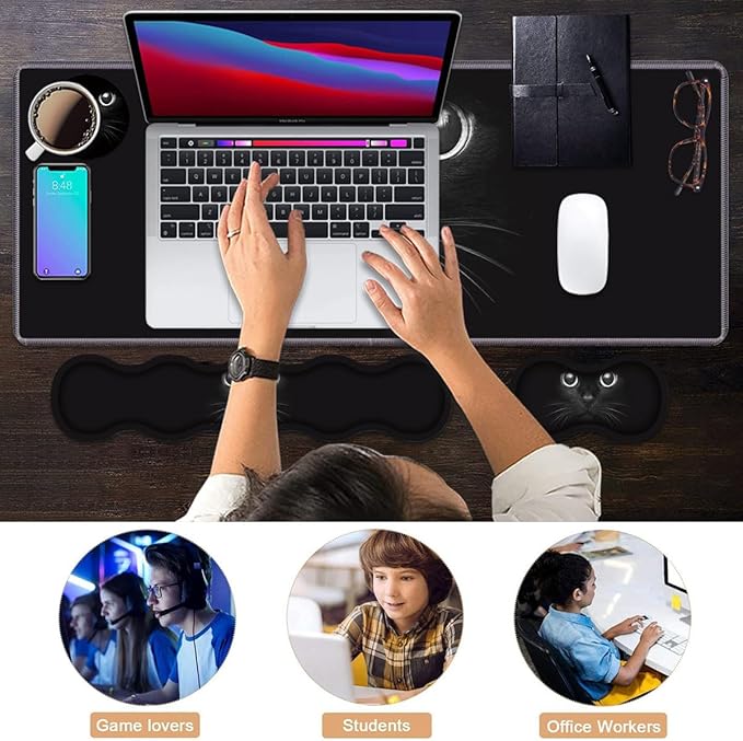 Ergonomic Keyboard Wrist Rest & Mouse Pad Wrist Rest Set, Large XXL Gaming Desk Mat 31.5"x 11.8" with Memory Foam, Easy Typing Pain Relief for Office & Home, Cute Black Cat Face