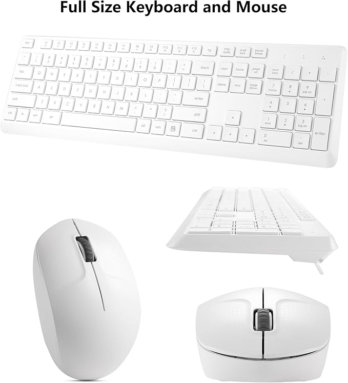 Wireless Keyboard and Mouse Combo for Windows, 2.4G Full-Sized External Cordless Computer Keyboard Mouse Combo for Laptop PC Desktop Chrome Mac, Number Pad 1600 DPI Silent Mouse USB Receiver (White)