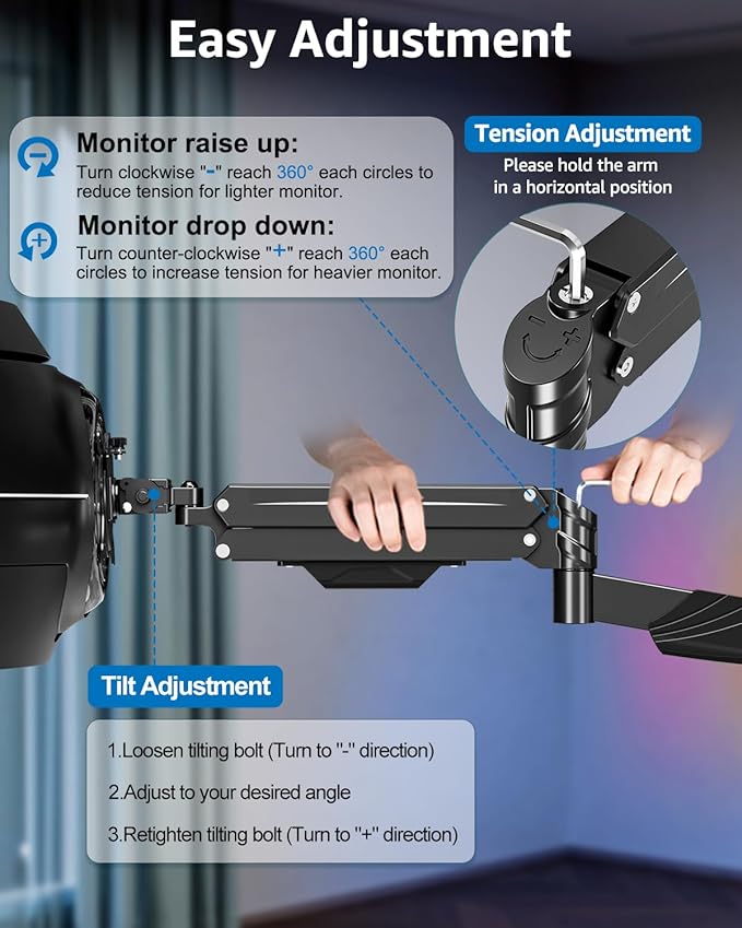 Monitor Wall Mount for Max 43", Premium Single Wall Monitor Mount Holds up to 33.1lbs Ultrawide Computer Screen, Height Adjustable Full Motion Gas Spring Vesa Wall Mount, Max 200x200mm