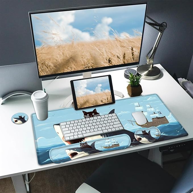 Large Mouse pad and Keyboard Support Set, Ergonomic Memory Foam Keyboard Wrist Rest, Extended Gaming Mouse Pad with Stitched Edges, Cute Cat Riding Shark XXL Desk Mat (31.5 X 11.8 in)