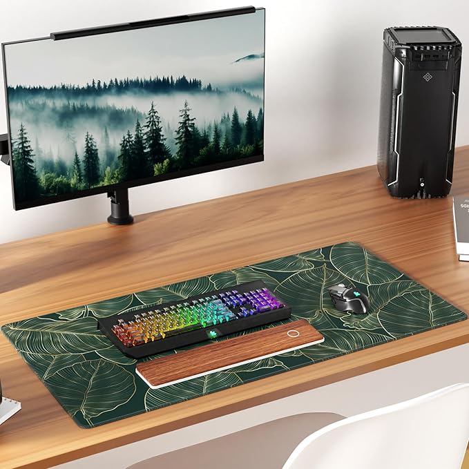 KTRIO Large Gaming Mouse Pad Desk Mat, Superior Micro-Weave Cloth, Non-Slip Rubber Base, Stitched Edges, Water-Resistant, for Gamer, Office & Home, 31.5 x 15.7 Inch,Golden Leaves