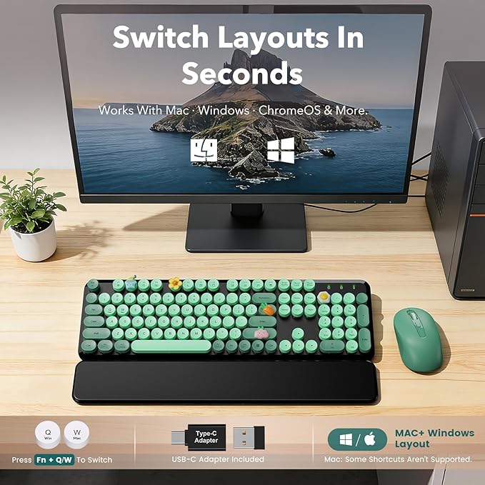 Wireless Keyboard and Mouse Combo, Round Keycaps, Full-Size Retro Typewriter Keyboard with Magnetic Wrist Rest, Tilt Legs, 2.4GHz Cordless for Mac, Windows PC, Laptop, SABLUTE CK23, Black & Green