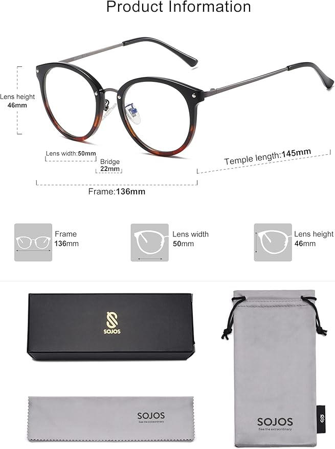 SOJOS Retro Round TR90 Blue Light Reading Glasses Womens Mens Readers Computer Glasses Eyewear Frame SJ9001