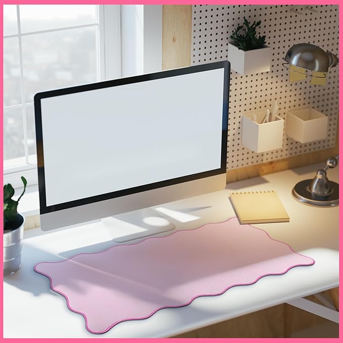 Scalloped Desk Mat Large Scalloped Piping Cute Desk Mat Aesthetic Preppy Table Pad Large Nonslip Pad with Edge Stitching Waterproof Gaming(Pink,23.62 x 13.78 Inches)