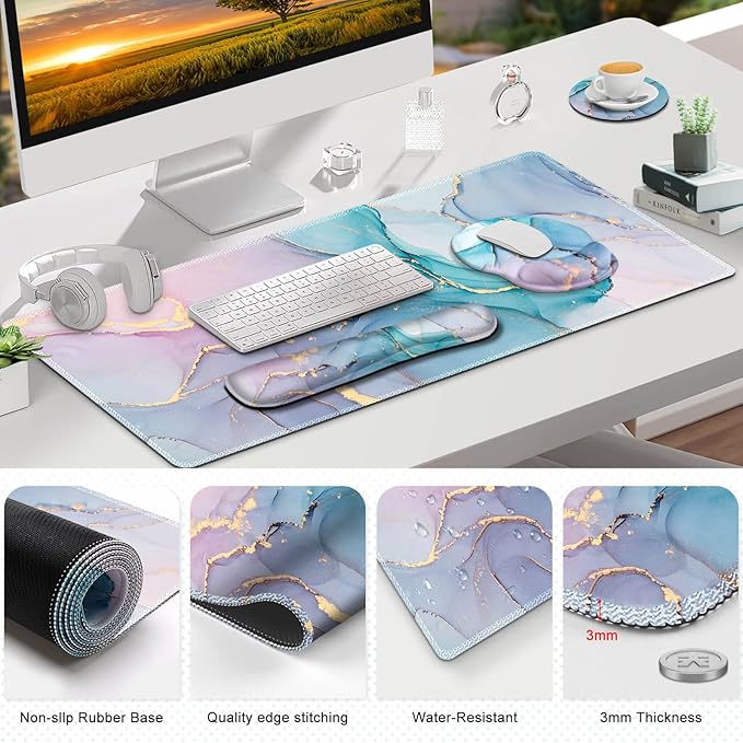 ToLuLu Desk Mat, XXL Large Mouse Pad Wrist Support Set,4 in1 Gaming Mousepad Desk Pad+ Ergonomic Mouse Pad with Wrist Rest + Keyboard Wrist Rest+Coaster for Home Office Computer, Blue Glitter Marble