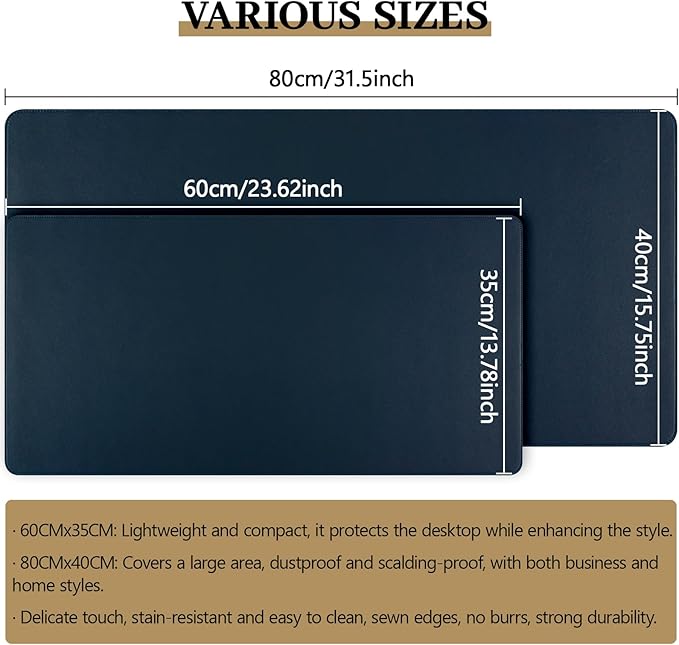 Dark Blue Leather Desk Mat Large Mouse Pad, Waterproof Desk Pad for Keyboard and Mouse, Non-Slip Computer Desk Protector, Smooth Mouse Movement Desk Mat for Home and Office(31.5"×15.7")