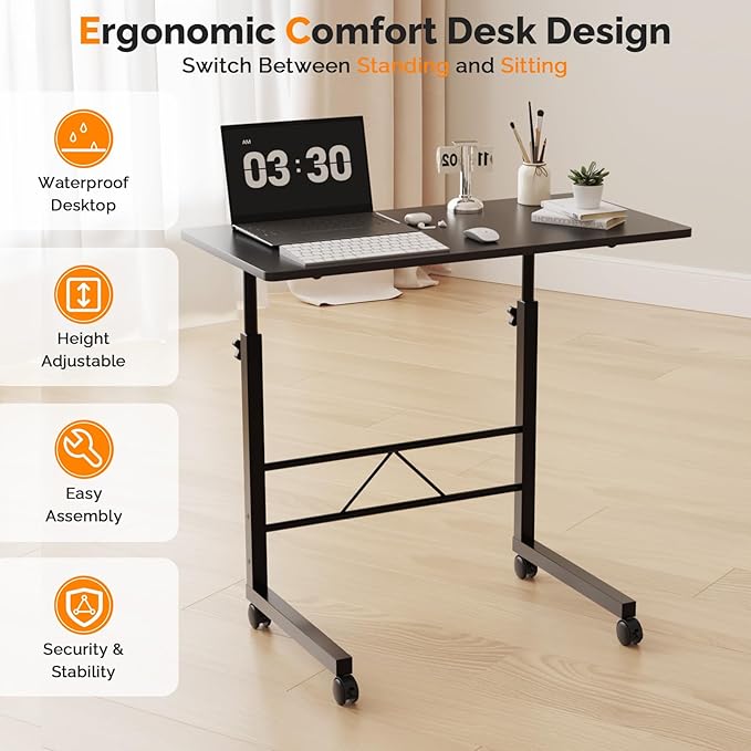 FCH Computer Workstation, Standing Desk Adjustable Height, Small Computer Desk w/Rolling, Sit Stand Laptop Desk TV Tray Computer Workstation for Bed Sofa Hospital Reading Eating, 31.5", Black