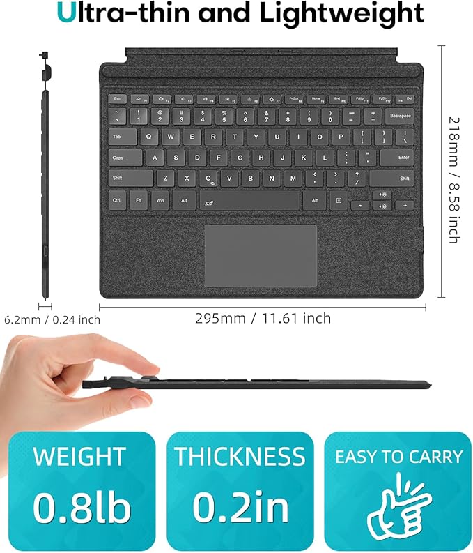 Surface Pro Keyboard for Microsoft Surface Pro 7/6/5/4/3 7 Plus 12.3 inch, 7 Color Backlit Wireless Type Cover, Bluetooth Ultra-Slim Portable Ergonomic Keyboard with Trackpad, Rechargeable Battery