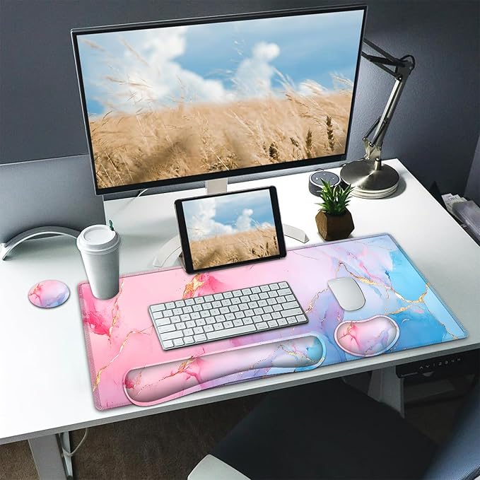 Large Mouse pad and Keyboard Support Set, Ergonomic Memory Foam Keyboard Wrist Rest, Extended Gaming Mouse Pad with Stitched Edges, Blue Pink Marble XXL Desk Mat (31.5 X 11.8 in)