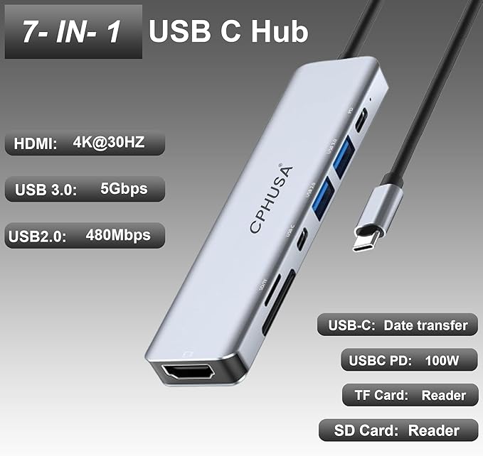 USB-C Hub 7-in-1 Multiport Adapter – 4K@30Hz HDMI, USB 3.0, USB 2.0, 100W PD Charging, SD/TF Card Reader – USB-C Docking Station for MacBook Pro/Air, Chromebook, Dell, HP & Type-C Devices