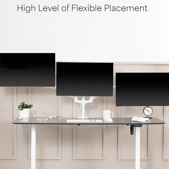 VIVO 17 to 32 inch Triple Pneumatic Monitor Mount, 2 Pneumatic Arms, 1 Fixed, Adjustable Swivel, Rotation, Heavy Duty VESA Desk Stand with C-clamp, Max VESA 100x100, White, STAND-V300GW