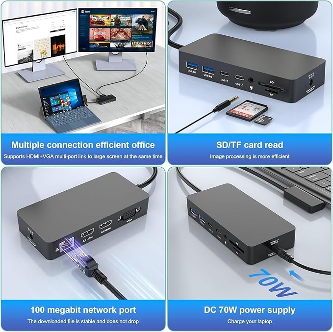 Dual HDMI+VGA Dock Works with Microsoft Surface Devices - 12-in-1 Triple Display Microsoft Surface Docking Station for Surface Pro (12/11/10/9/8/X/7/6/5/4), Surface Laptop, Surface Go, Surface Book