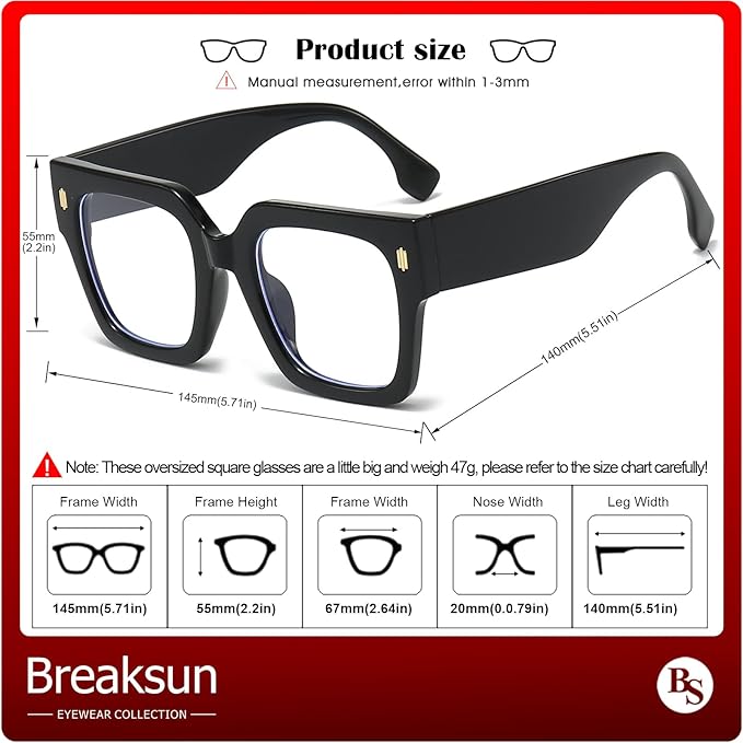 Fashion Oversized Blue Light Blocking Glasses for Women Men Trendy Big Square Frame Computer Eyeglasses