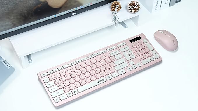 Wireless Keyboard and Mouse Combo, Reccazr 2.4G Full-Sized Keyboard and Mouse Cordless, 3 DPI Adjustable Mouse, Dual-System Keyboard for Computer/Laptop/Windows/Mac (Pink & White)