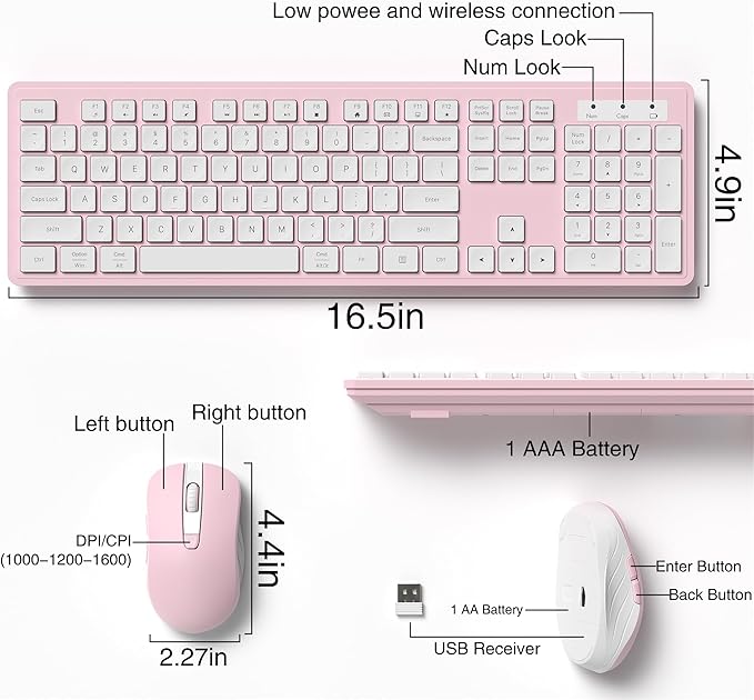 Wireless Keyboard and Mouse Combo, Full-Size 104-Key Office Keyboard with 15 Function Keys, Numeric Keypad, Single USB Receiver, Compatible with PC and Laptop(Pink White)