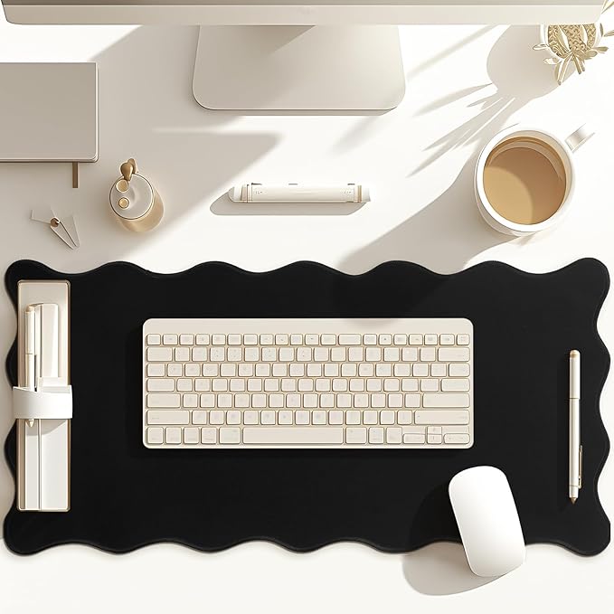 Scalloped Desk Mat Large Scalloped Piping Cute Desk Mat Aesthetic Preppy Table Pad Large Nonslip Pad with Edge Stitching Waterproof Gaming(Black,31.5 x 15.75 Inches)