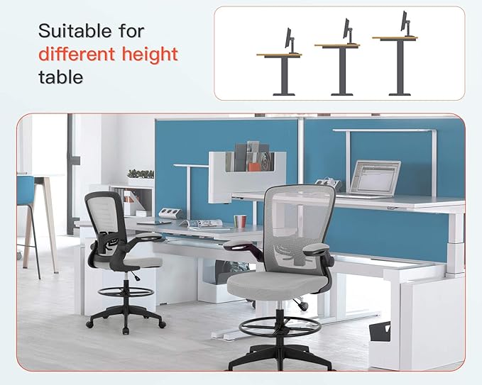 BestOffice Drafting Chair Tall Office Chair Standing Desk Chair with Lumbar Support Height Adjustable Armrest Footrest Mid Back Swivel Rolling Mesh Computer Chair Drafting Stool Grey
