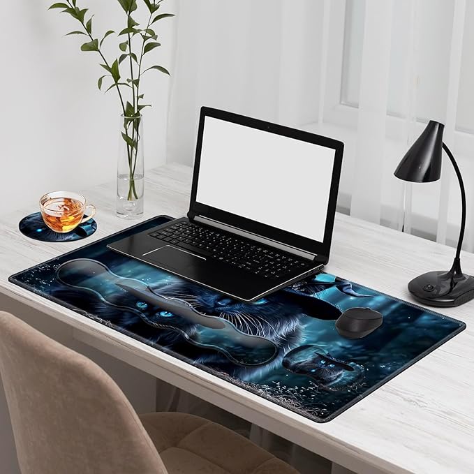 Gaming Mouse Pad Set, Black Cat Wearing Hat Large Desk Mat Mousepad, Keyboard Wrist Support, Mouse Wrist Rest, Coaster 4in1 Ergonomic Memory Foam, Non-Slip Stitched Edge for Home Office