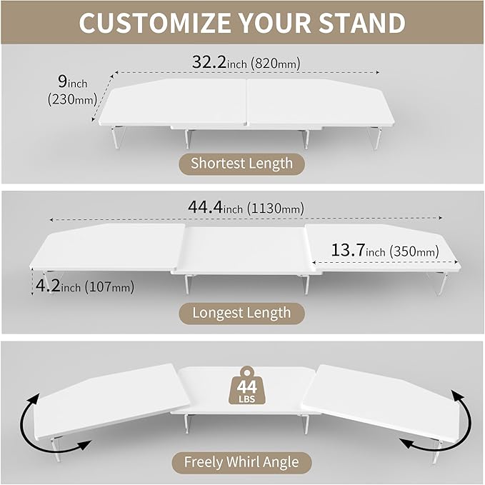 LED Dual Monitor Stand Riser for 2 Monitors,Office Desktop Wooden Stand Adjustable Length and Angle 3 Shelf,Extra Long Multifunctional Stand up to 44.4" for Computer,Laptop,TV,White