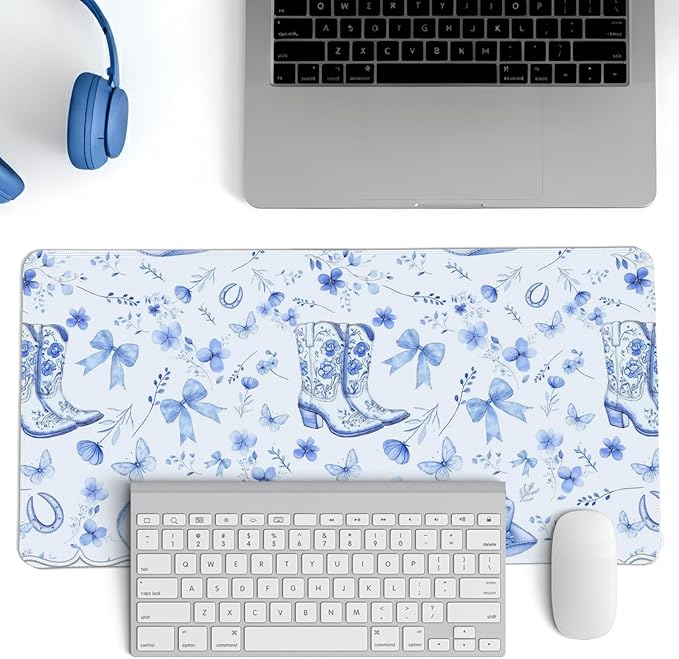 Western Cowgirls Desk Mat,Blue and White Floral Bow Mouse Pad,Blue Chinoiserie Large Mouse Pad,Preppy Coquette Girly Laptop Desk Mat for Dorm Western Accessories Gaming Mousepad 23.6x11.8In